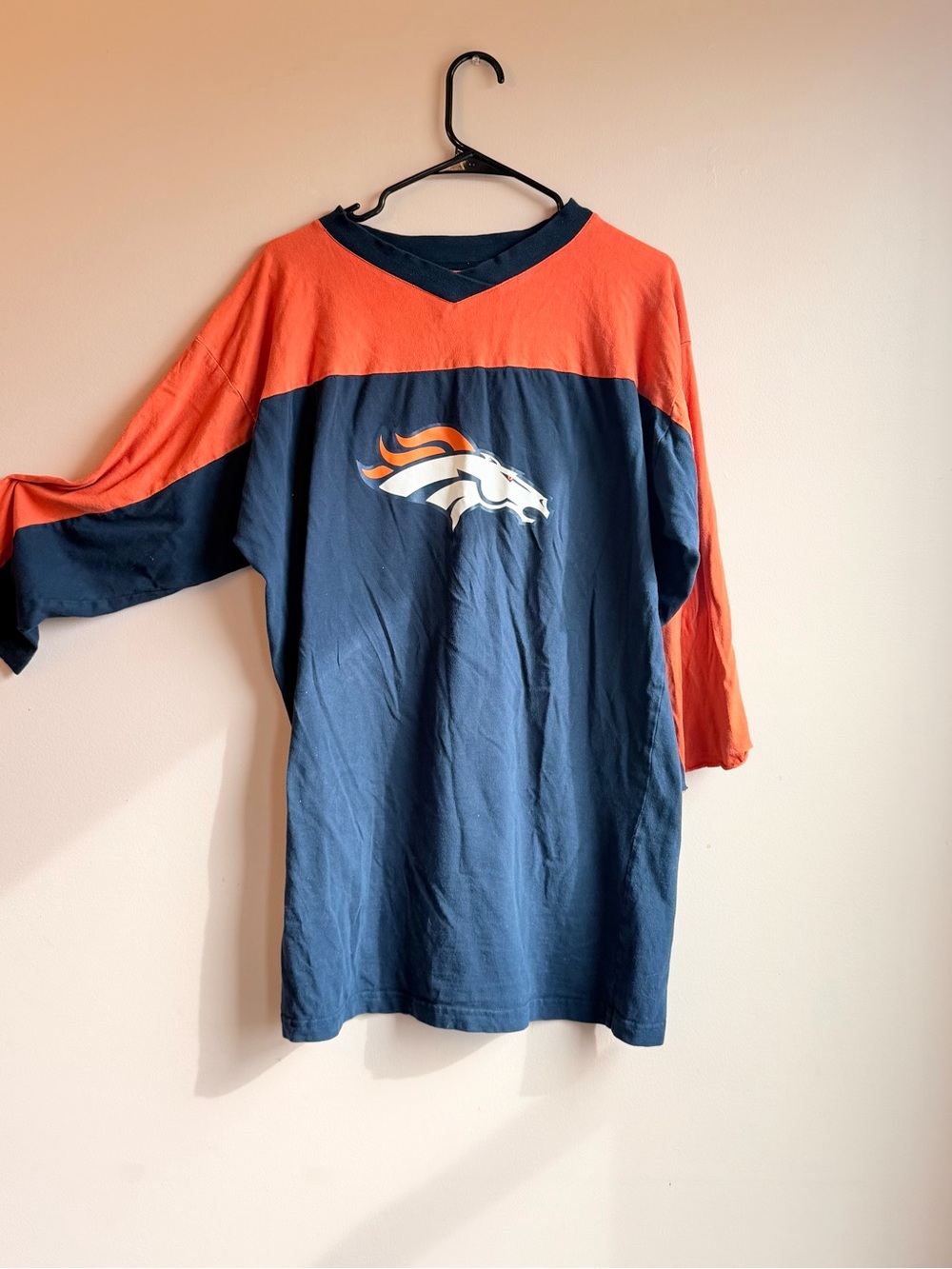Vintage NFL Denver Broncos Navy and Orange Raglan Long-Sleeve Jersey